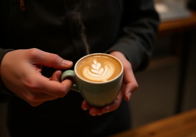 Barista gießt Latte Art in eine Keramiktasse.