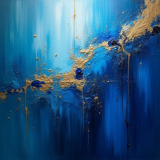 Abstraktes Gemälde in Blau und Gold.