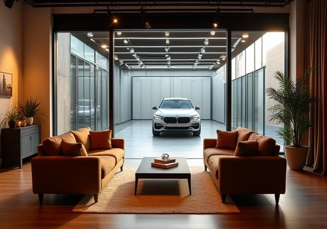 Ein stilvoller Lounge-Bereich mit Blick auf die Autopflege-Halle.