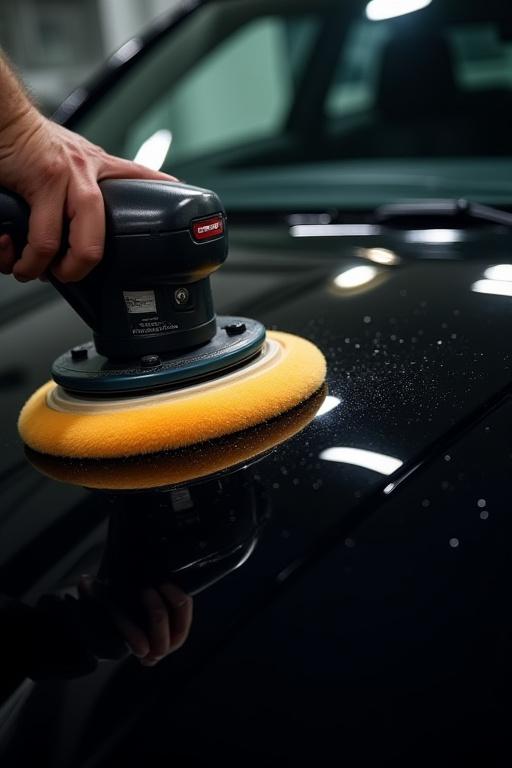 Detailaufnahme einer Poliermaschine auf schwarzem Autolack.